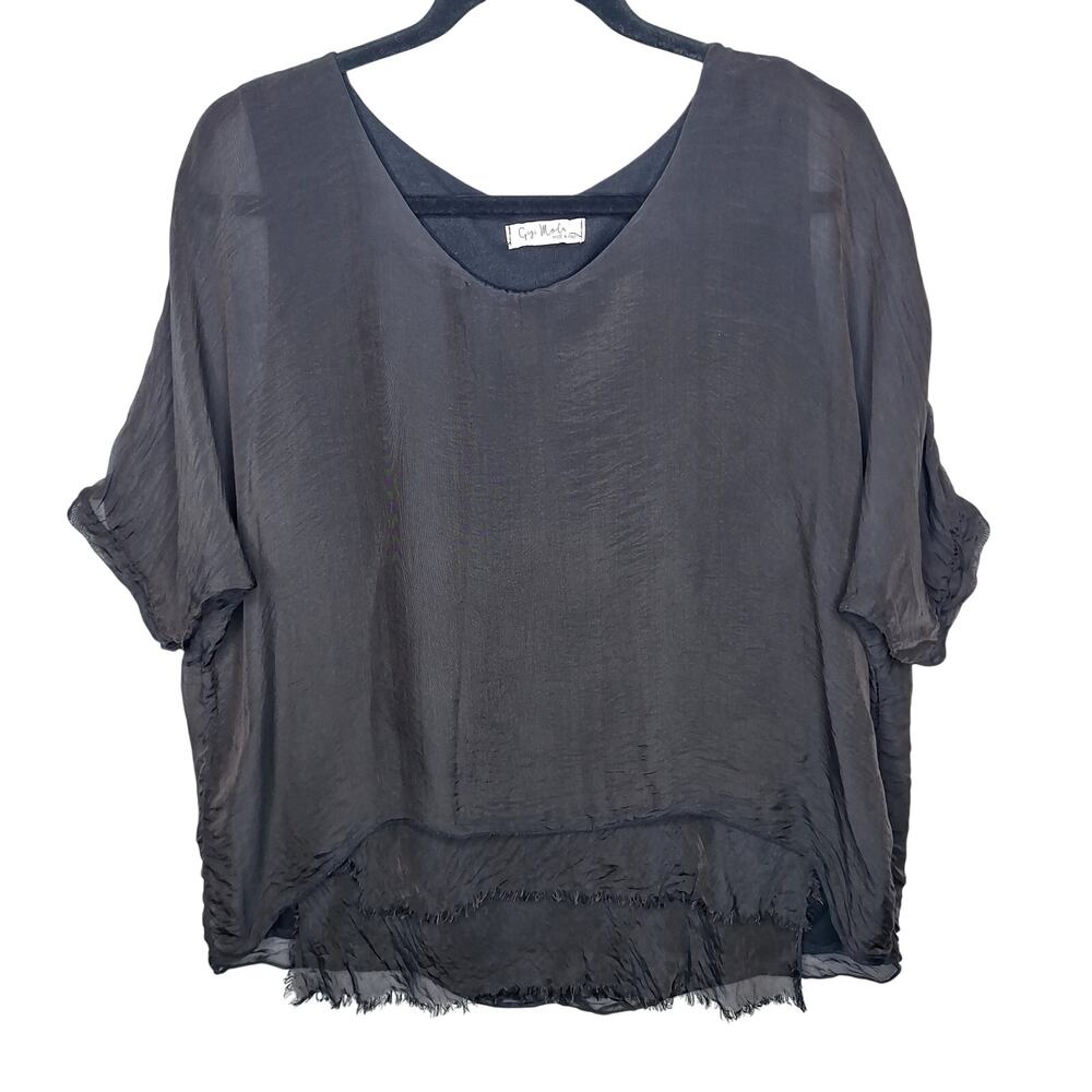 Gigi Moda Italy Silk Top Layered Lagenlook Goth Boho O/S Frayed Sheer Dolman